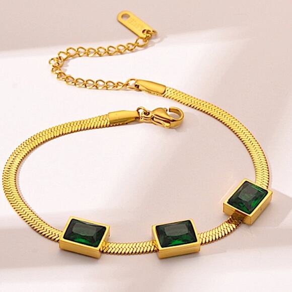 Gold Emerald Herringbone Bracelet Gemstone Square - Picture 3 of 7